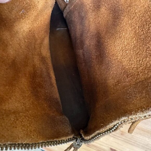 Minnetonka Dusty Brown Suede Hi Top Back Zip Hardsole Fringe Moccasin Size 8 - Picture 11 of 14